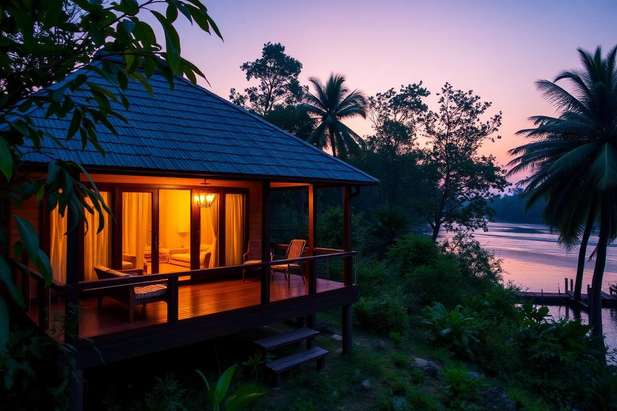 Riverside eco resort cottage at dusk in the Sundarbans