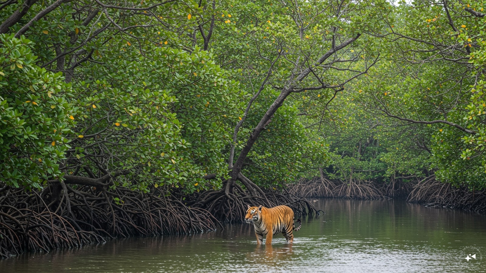 Royal Bengal Tiger wading through a mangrove creek in the Sundarbans